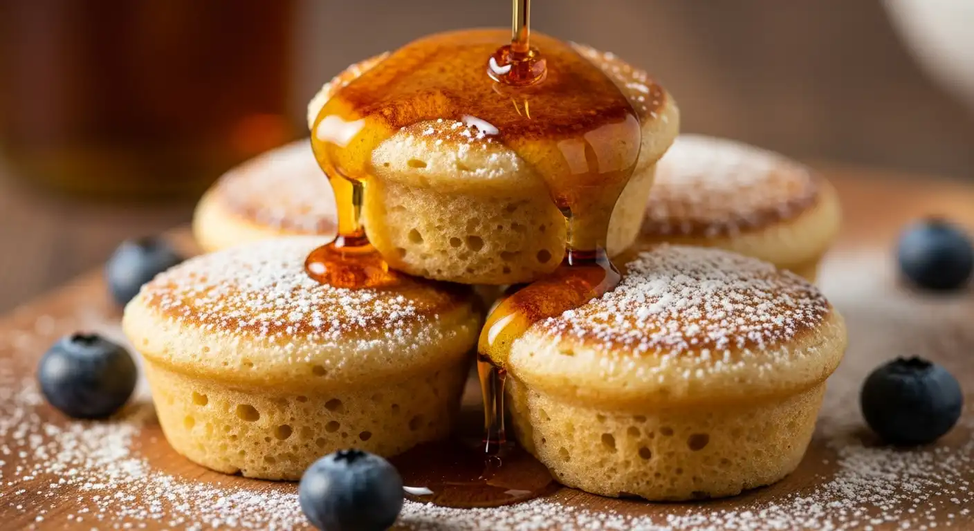 Fluffy Pancake Mini Muffins stacked and drizzled with maple syrup.