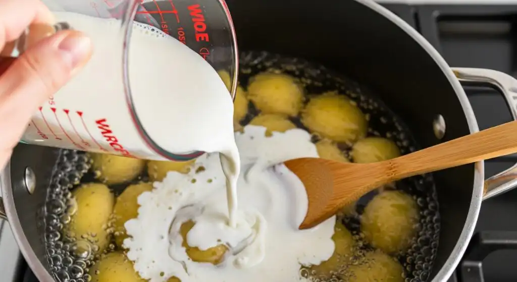 Step-by-step process of making potato soup with chopped potatoes, milk being poured into a pot, and butter melting.