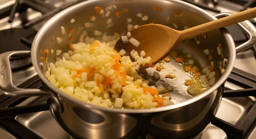 Sautéed onion, garlic, and carrots in butter for broccoli cheese soup base
