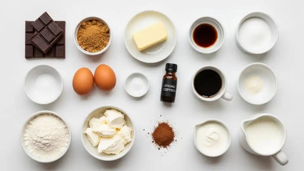 Easy Tiramisu Brownies – The Perfect Coffee Lover’s Dessert 5 ingredients for Easy tiramisu brownies including dark chocolate, mascarpone, sugar, flour, eggs, espresso, and cocoa powder arranged neatly