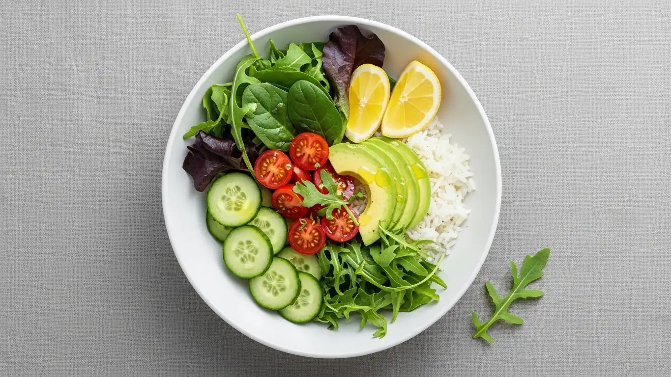 10 minute vegetarian lunch made with rice and fresh vegetables