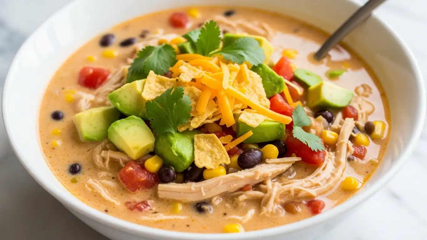 Chicken taco soup bowl with avocado, beans, and tortilla chips
