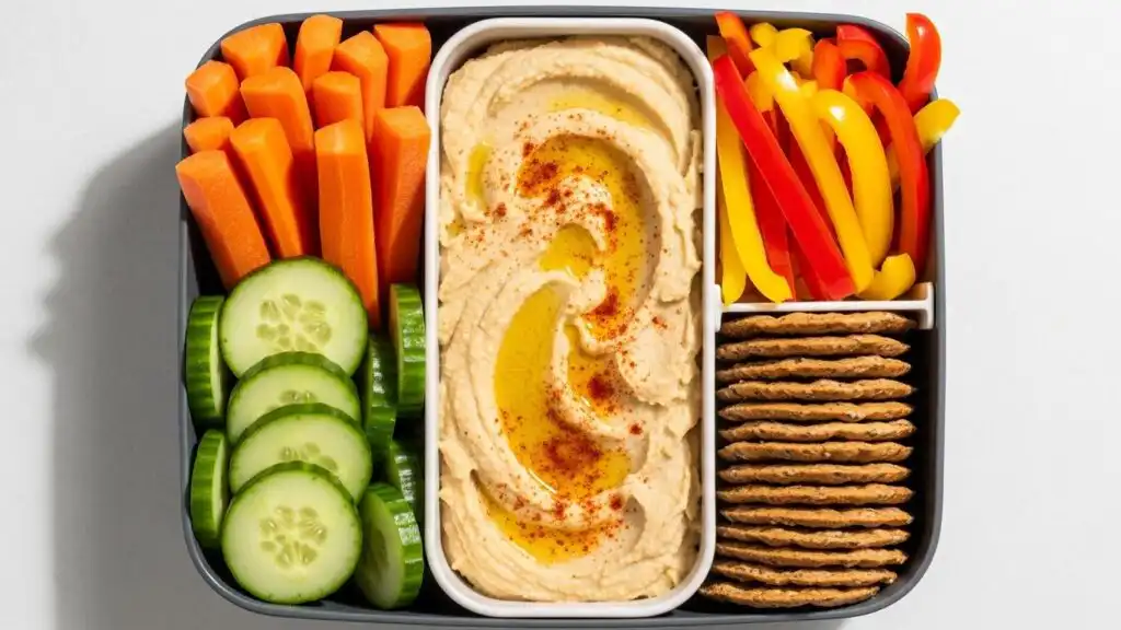 No-Cook Lunch Made Easy: Ready in Just 10 Minutes! 11 Hummus veggie lunch box for a healthy no-cook lunch