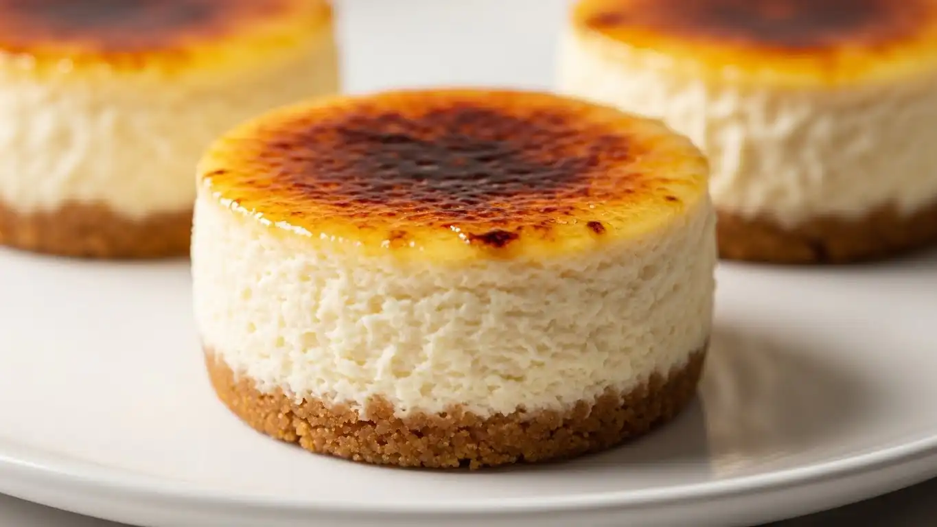 Mini crème brûlée cheesecakes on a white plate with a perfectly burned caramelized sugar crust and a smooth, creamy filling.