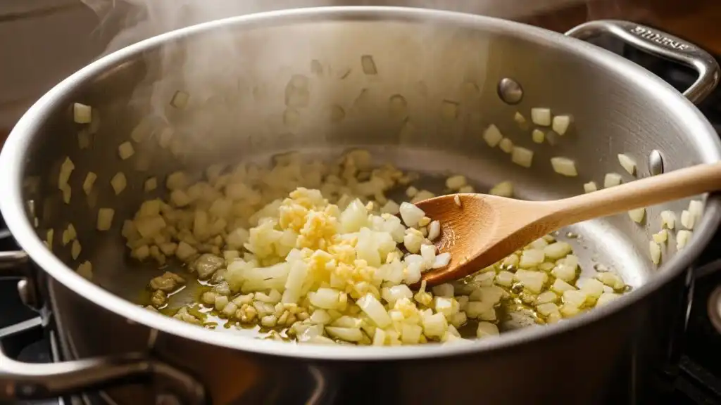 Irresistibly Creamy Potato Soup Recipe You’ll Love 6 Onion and garlic sautéing in olive oil for soup base