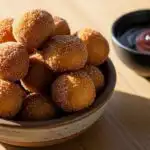 Ceramic bowl filled with golden air fryer churro bites coated in cinnamon sugar, served on a wooden table with a side of dark chocolate dipping sauce.