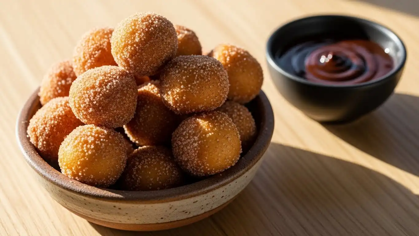 Ceramic bowl filled with golden air fryer churro bites coated in cinnamon sugar, served on a wooden table with a side of dark chocolate dipping sauce.