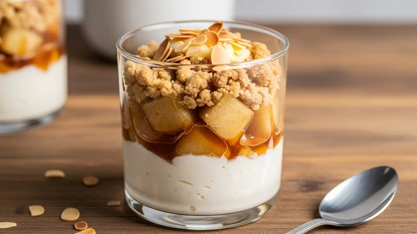 Glass filled with layers of creamy cinnamon mousse, tender baked apple chunks, and golden crumble topping with almond flakes on a wooden table.