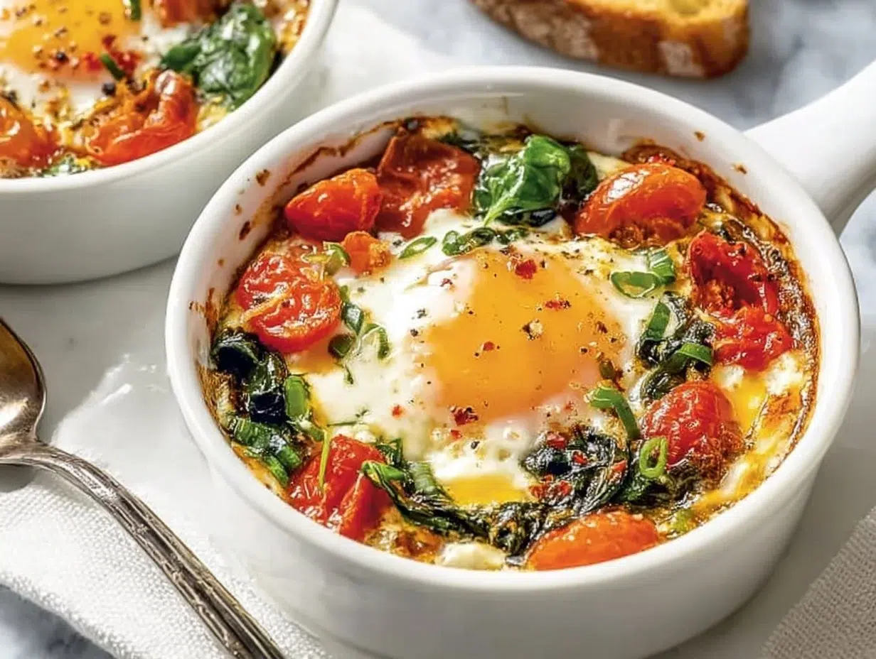 Every Meal, Made Irresistible 5 Delicious baked feta eggs with tomatoes and spinach served in a rustic pan.