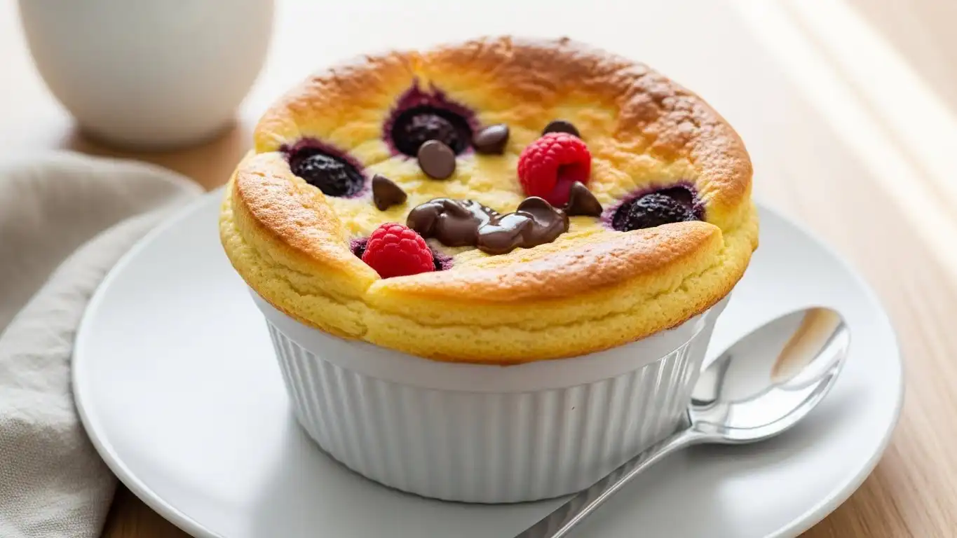 baked protein pancake bowl with banana, berries, and chocolate chips