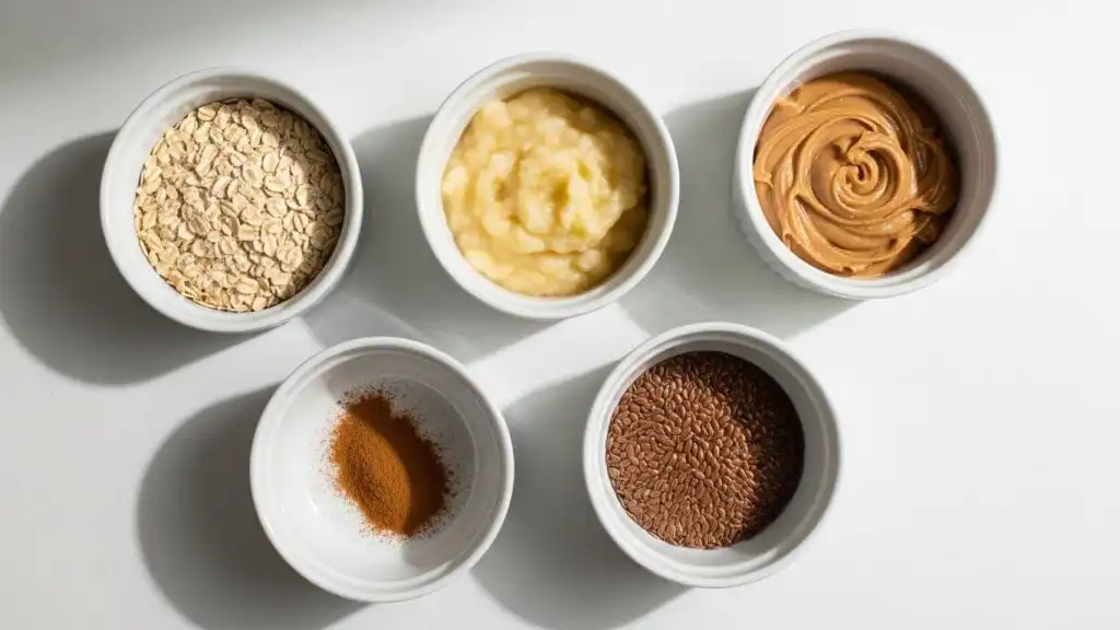 ingredients for gooey banana oat bars in clean bowls