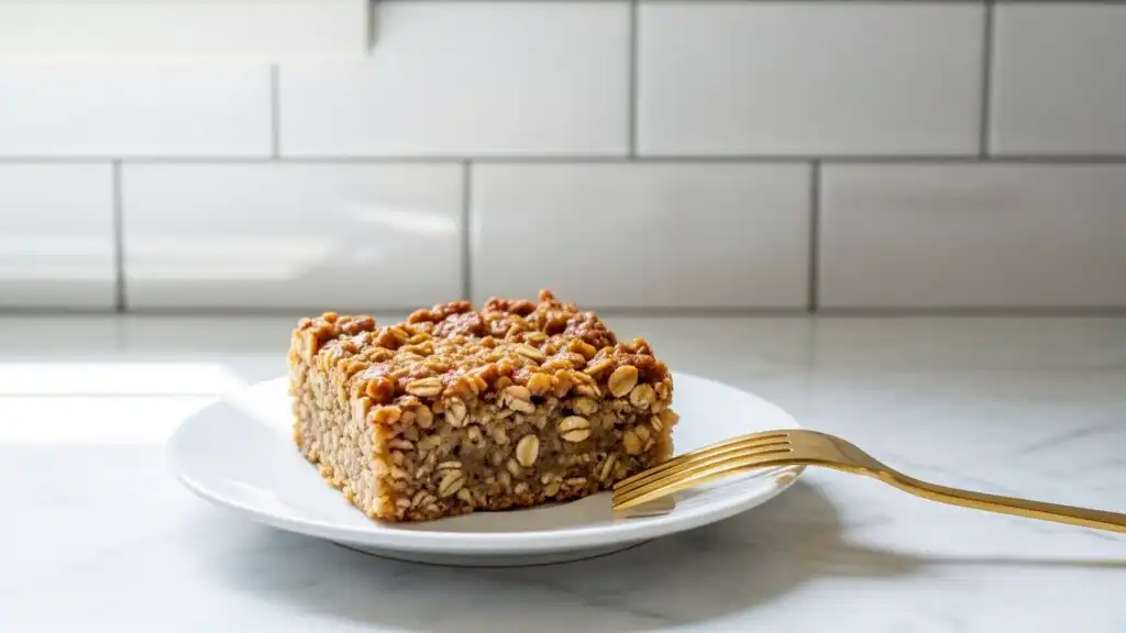 single gooey banana oatmeal bar on white plate