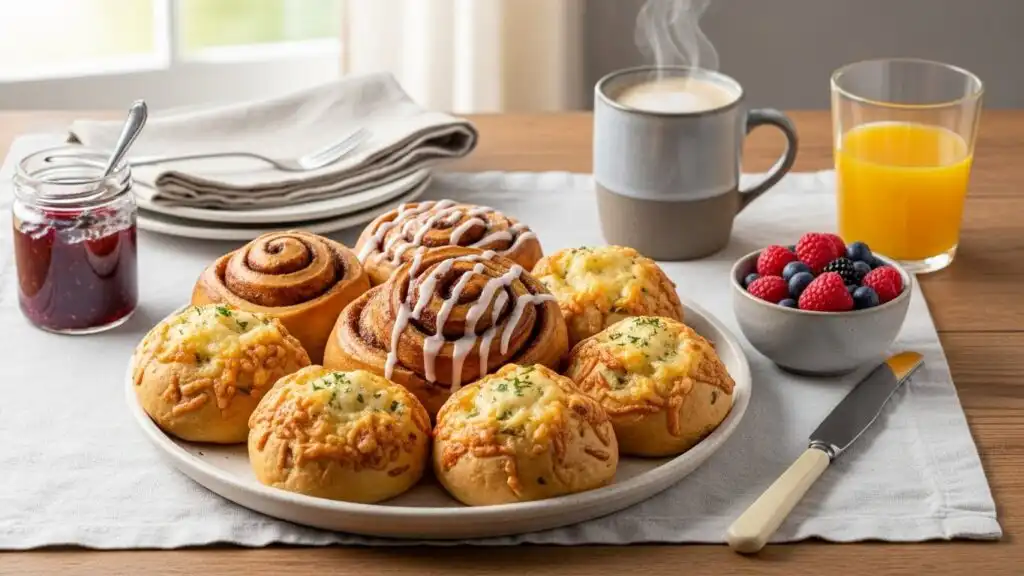sweet and savory breakfast rolls served with coffee and fruit
