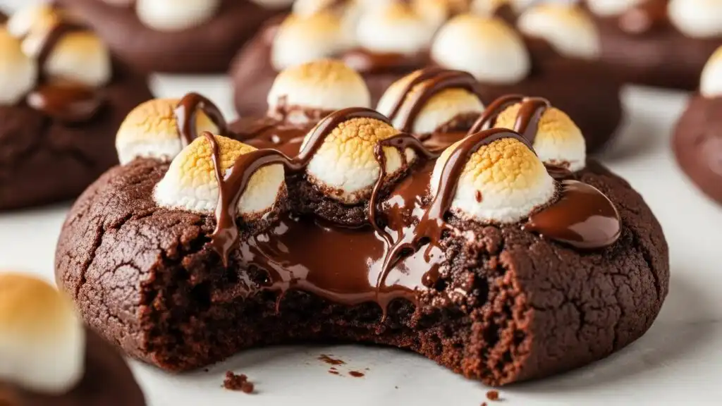 Chewy hot chocolate cookie with gooey marshmallows