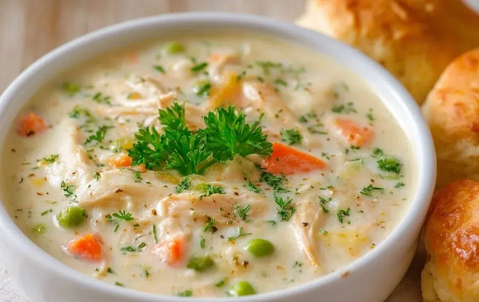 Delicious Chicken Pot Pie Soup served in a bowl with bread on the side