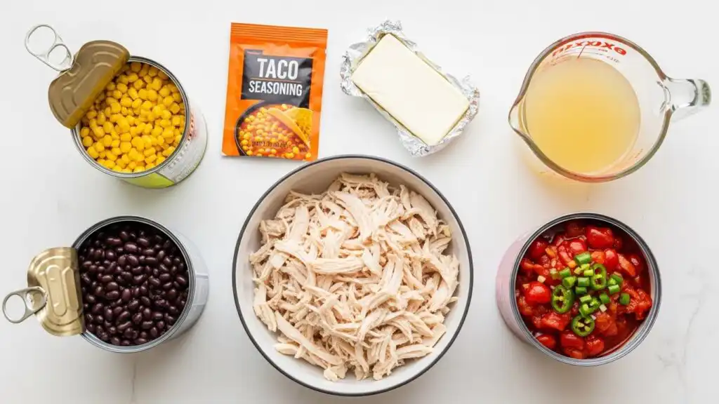 Chicken taco soup ingredients arranged on a counter