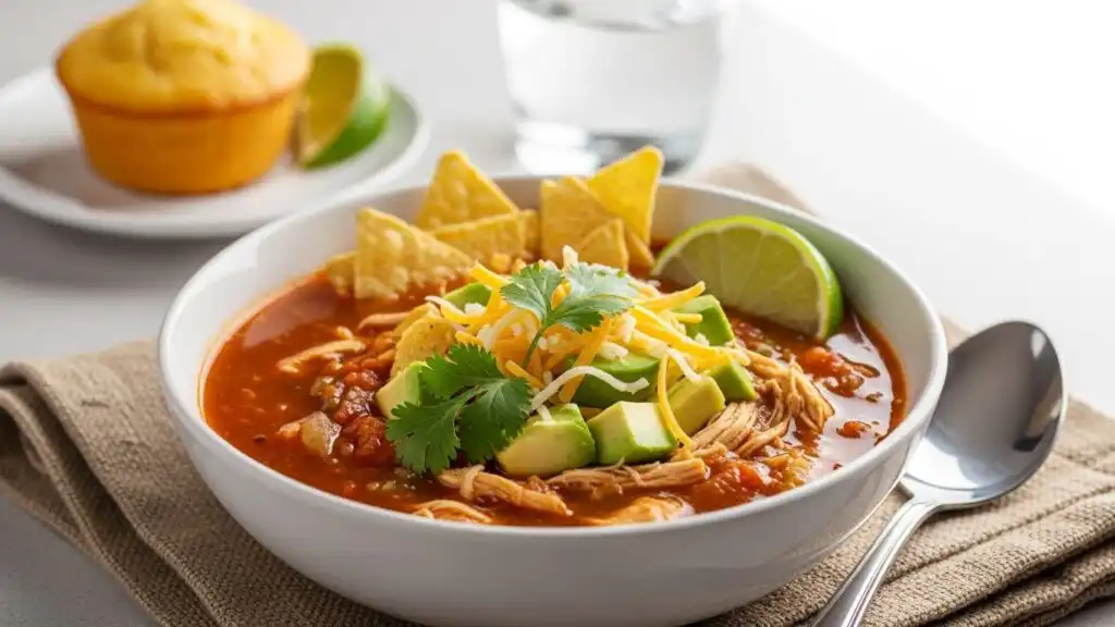 Chicken taco soup bowl served with toppings and sides