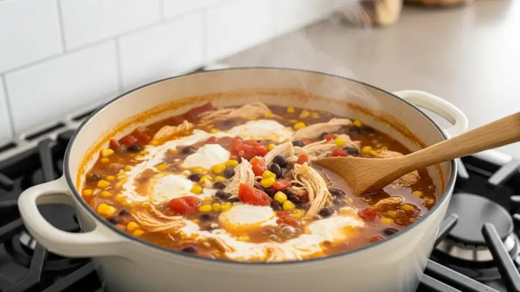 Chicken taco soup cooking with cream cheese melting in