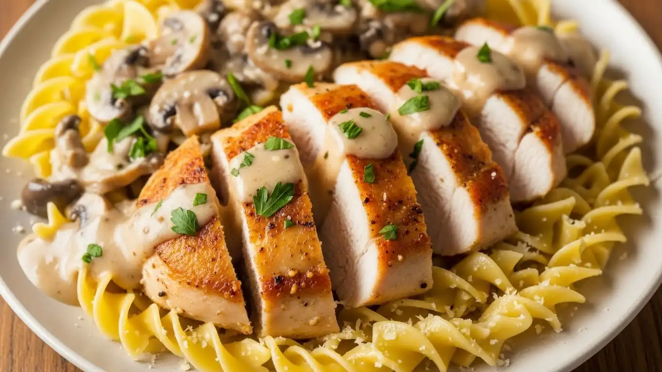 chicken with buttered noodles served with parsley and Parmesan