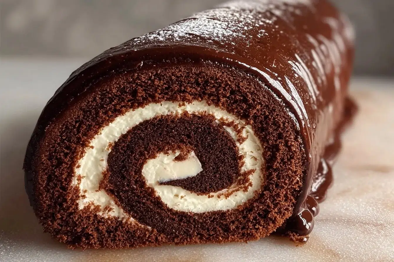 Every Meal, Made Irresistible 10 Delicious chocolate cake roll garnished with chocolate frosting and berries