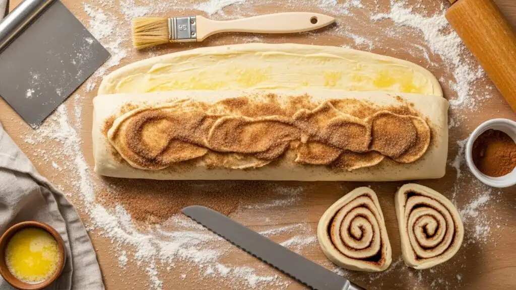 rolled and filled cinnamon roll dough before baking