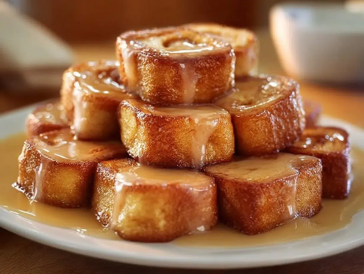 Every Meal, Made Irresistible 6 Delicious Cinnamon Roll French Toast Bites served on a plate with syrup