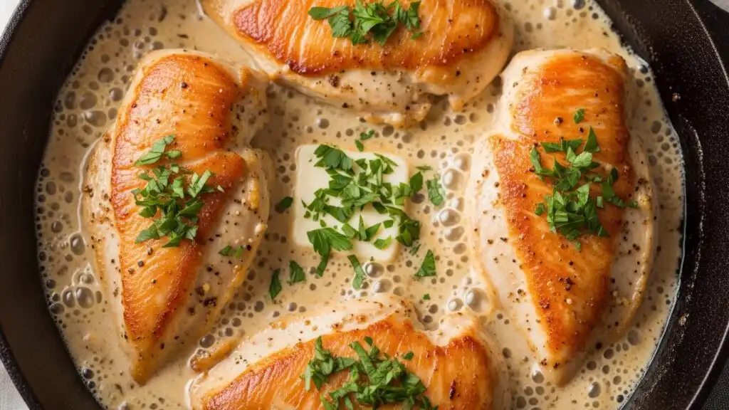 Family-Favorite Cream Cheese Chicken Made Simple 6 Overhead close-up of Cream Cheese Chicken simmering in a rich, bubbling cream cheese sauce inside a cast iron skillet, garnished with fresh parsley.