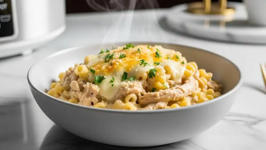 close-up of creamy Crockpot chicken pasta