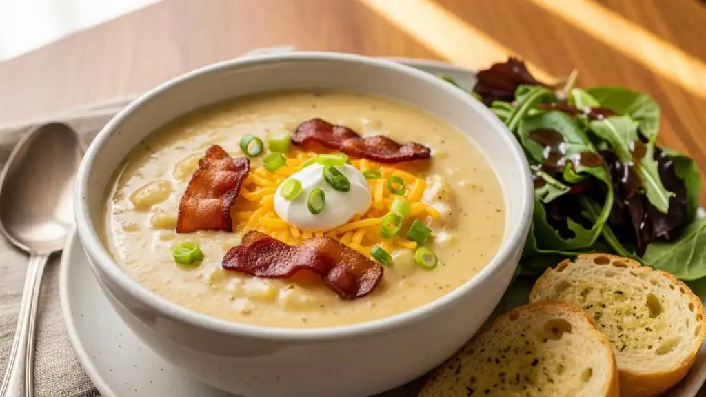 Creamy loaded potato soup in a white bowl with cheese and green onion garnish