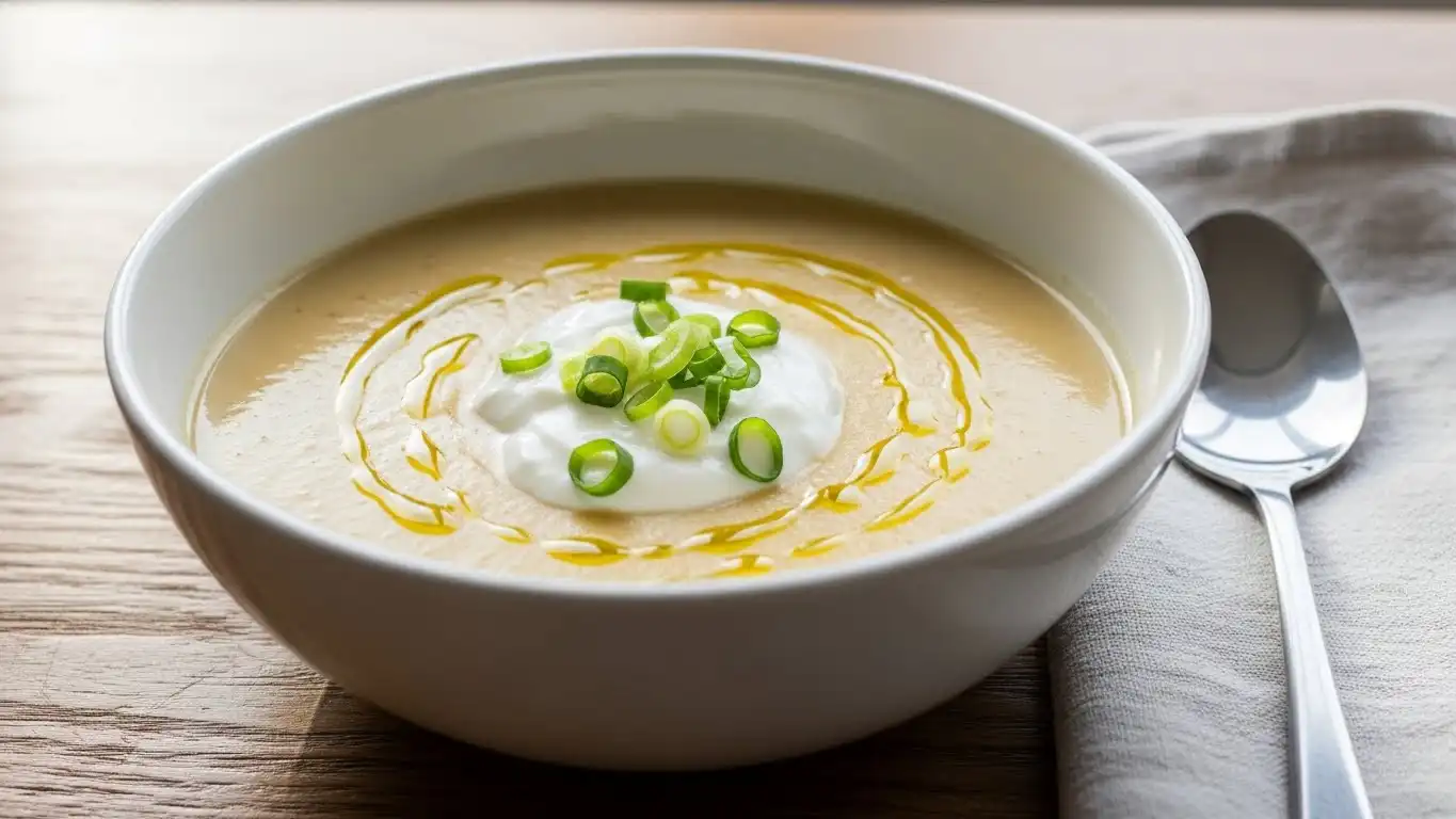 Creamy potato soup with green onions and olive oil