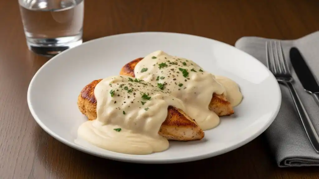Family-Favorite Cream Cheese Chicken Made Simple 7 Close-up photo of Cream Cheese Chicken served on a white plate, showing the thick, velvety cream sauce heavily clinging to the golden chicken breasts