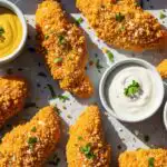 Crispy homemade baked chicken tenders with dipping sauces