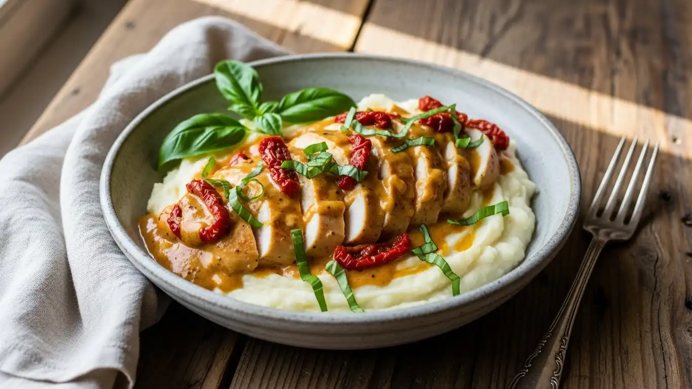 Crockpot Marry Me Chicken served with mashed potatoes