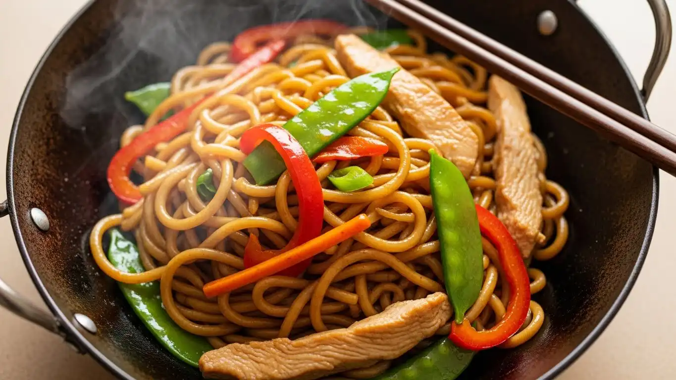 Easy Chicken Lo Mein served in a bowl with vegetables
