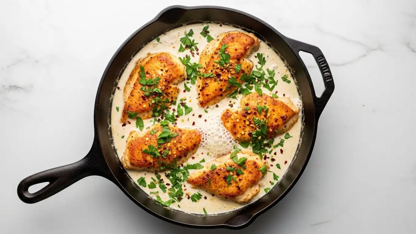 Every Meal, Made Irresistible 6 Overhead photo of Cream Cheese Chicken: four golden chicken breasts simmering in a rich, creamy garlic sauce, garnished with parsley in a cast iron pan.