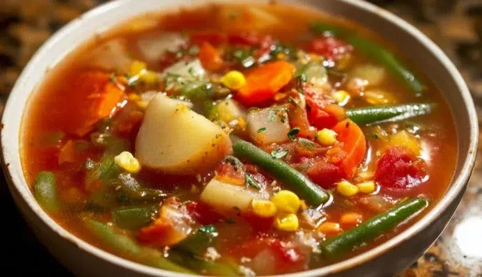 Every Meal, Made Irresistible 5 Bowl of easy vegetable soup with fresh vegetables on a wooden table