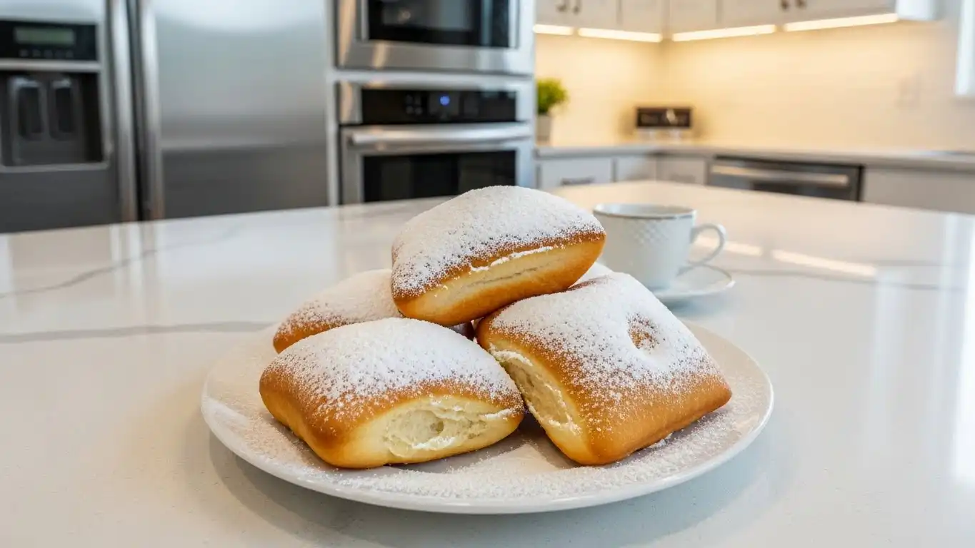 Fluffy vanilla French beignets on a modern kitchen counter