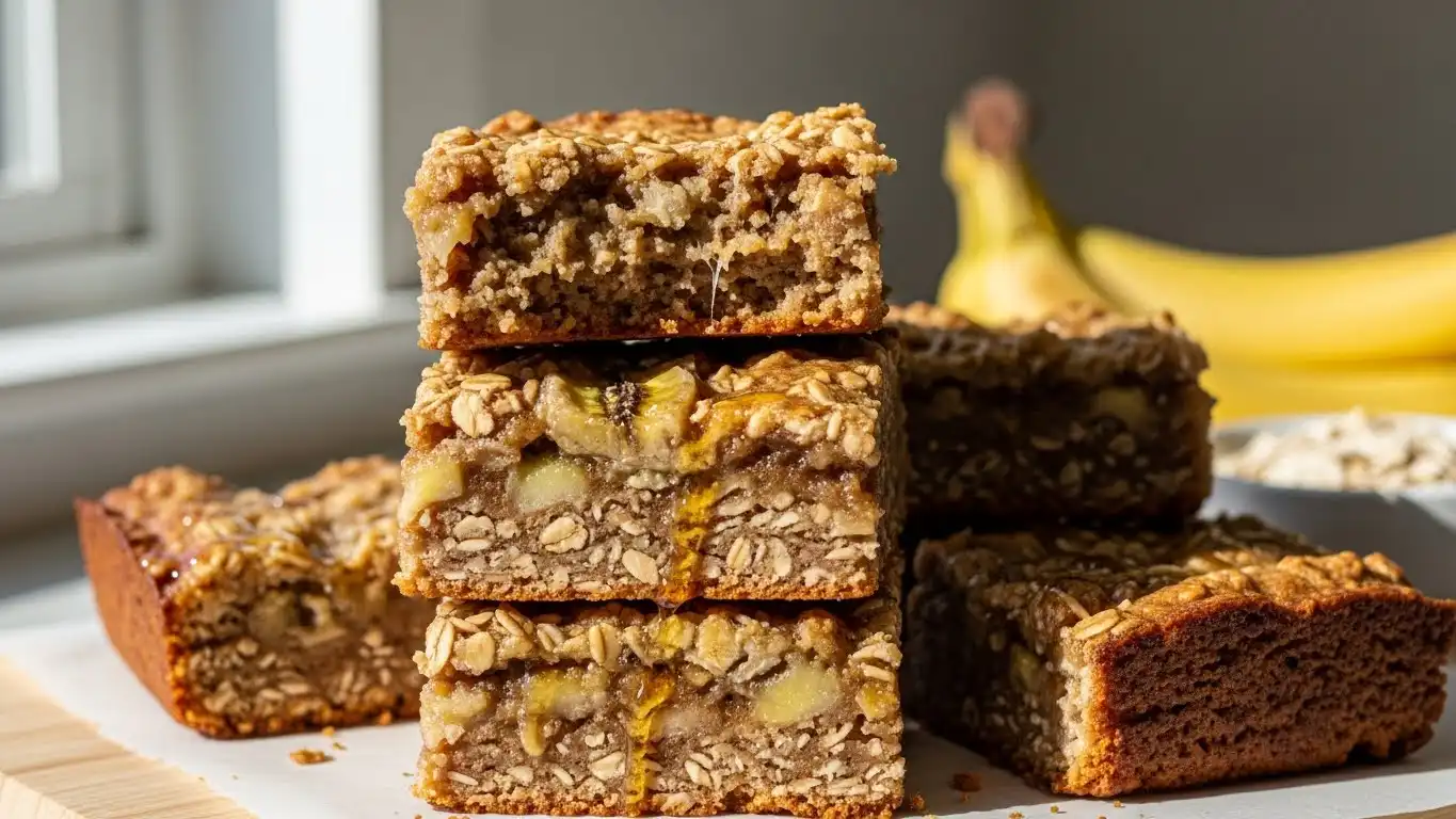 gooey banana oatmeal bars stacked in kitchen