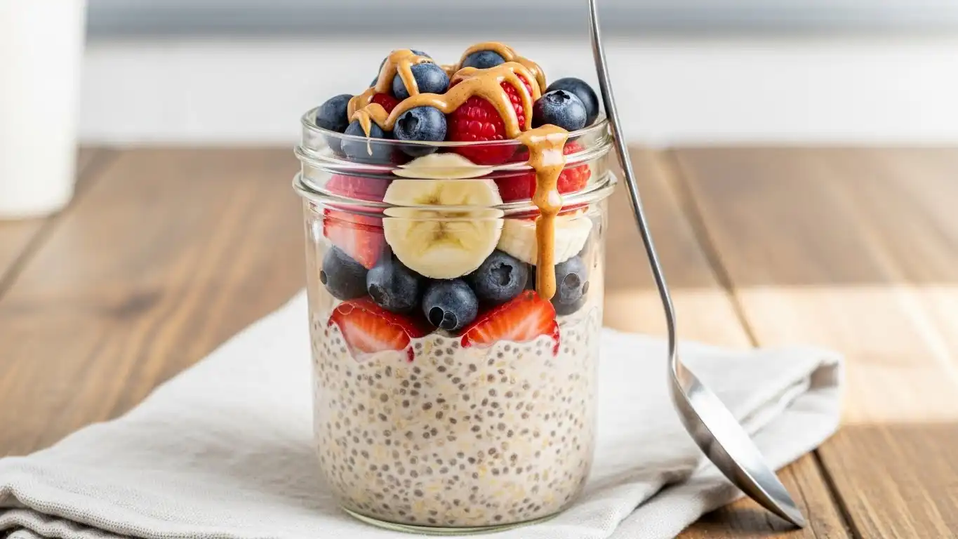 High-protein overnight oats in a jar with berries and nut butter