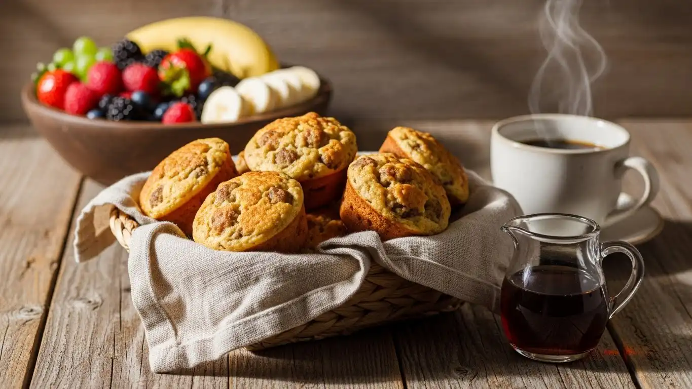 High-Protein Pancake Sausage Muffins on a breakfast table