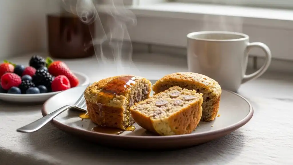 Served high-protein pancake sausage muffins with syrup and berries