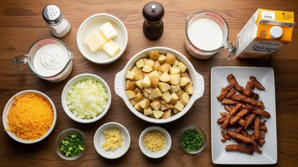 ingredients for comforting loaded potato soup arranged on kitchen counter