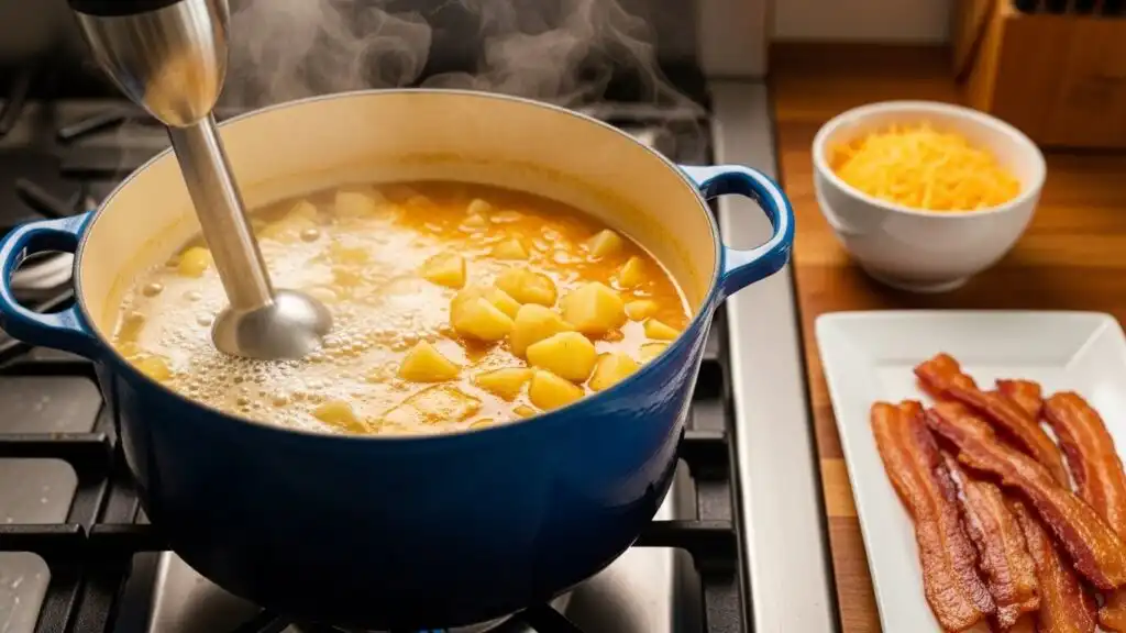 loaded potato soup cooking in Dutch oven with blender