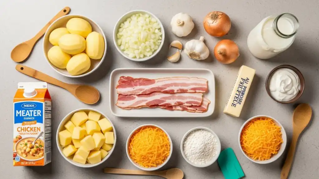 Loaded potato soup ingredients laid out
