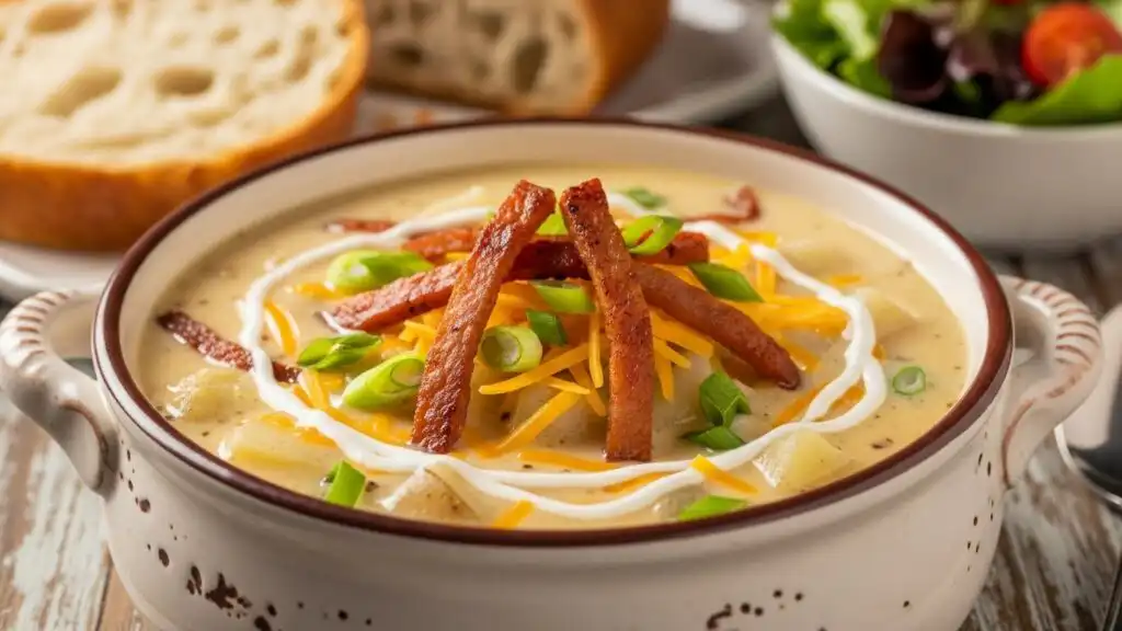 loaded potato soup with smoked turkey and bread side