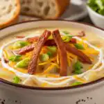 loaded potato soup with smoked turkey and bread side