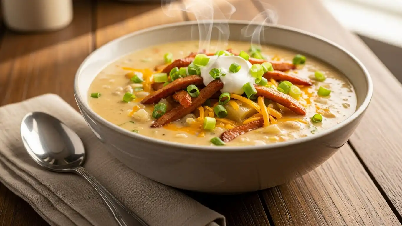 comforting loaded potato soup served in a bowl with cheese and smoked turkey