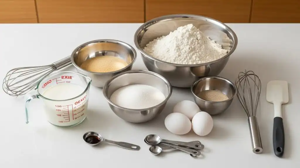 Beignet ingredients arranged on a modern kitchen island