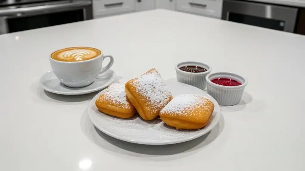 French beignets with sauces in a modern brunch setup