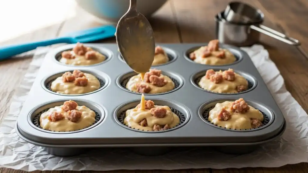 Muffin tin filled with raw pancake sausage batter ready for baking